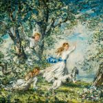 a painting of two girls and a dog in a forest